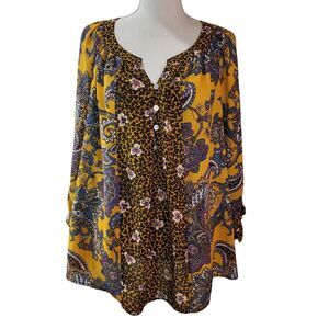 Fig and Flower Blouse Women's 2X Yellow Black Floral Popover 3/4 Tie Sleeves